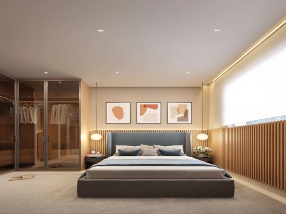 Suíte master decorada com painel de madeira e iluminação aconchegante no Casamerica Parque Cascavel.