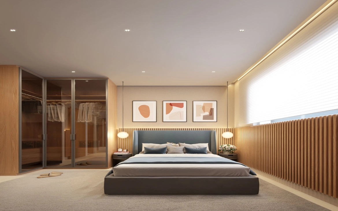 suite-master-casamerica-parque-cascavel Suíte master decorada com painel de madeira e iluminação aconchegante no Casamerica Parque Cascavel.