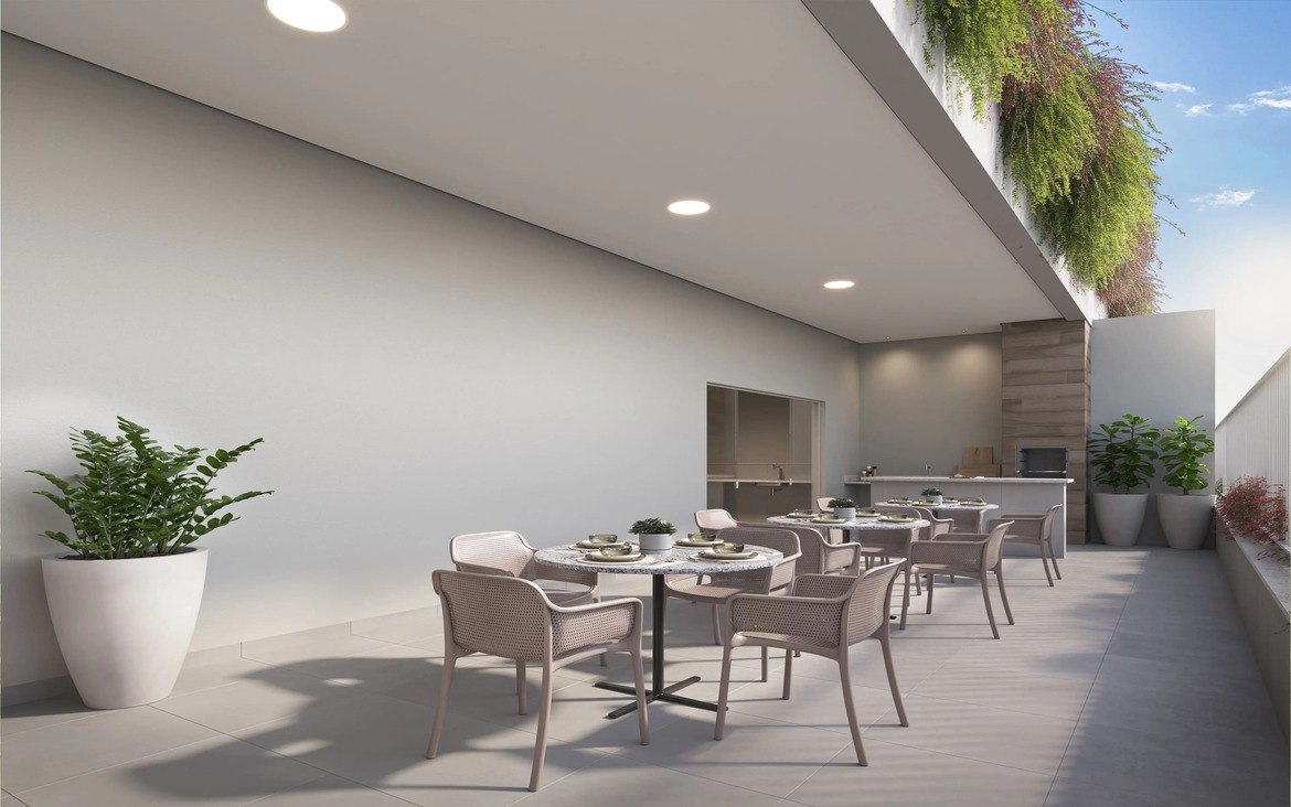 varanda-gourmet-churrasqueira-externa Varanda gourmet com mesas ao ar livre, churrasqueira e jardins suspensos integrados.