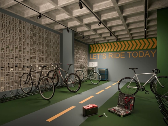 Espaço bicicletário organizado e decorado com arte urbana na parede do empreendimento Now Alameda das Águas.