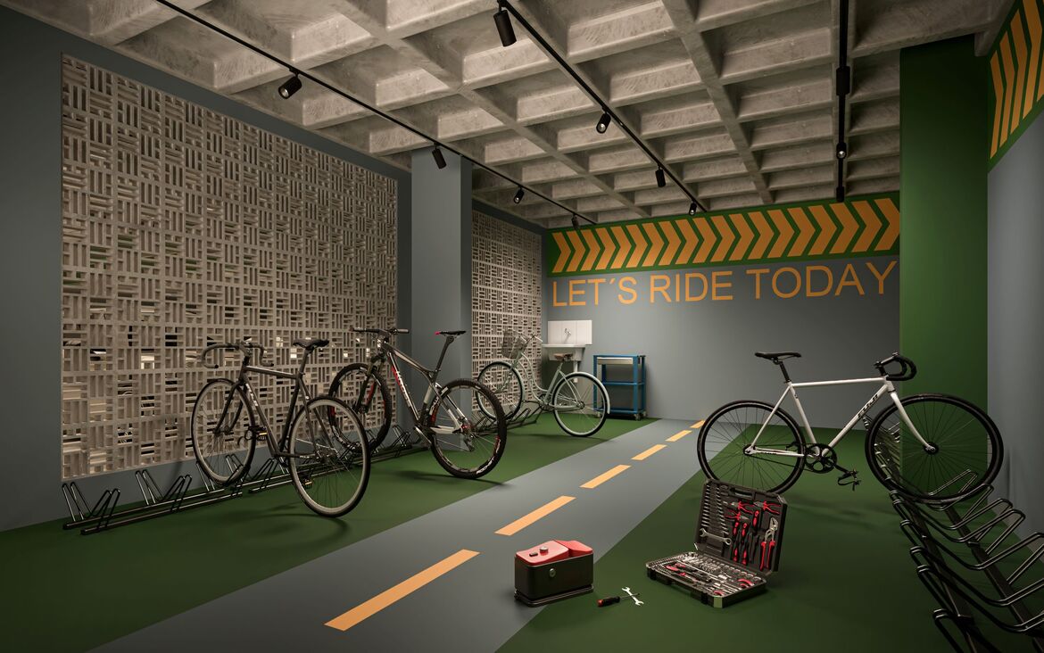 Espaço bicicletário organizado e decorado com arte urbana na parede do empreendimento Now Alameda das Águas.