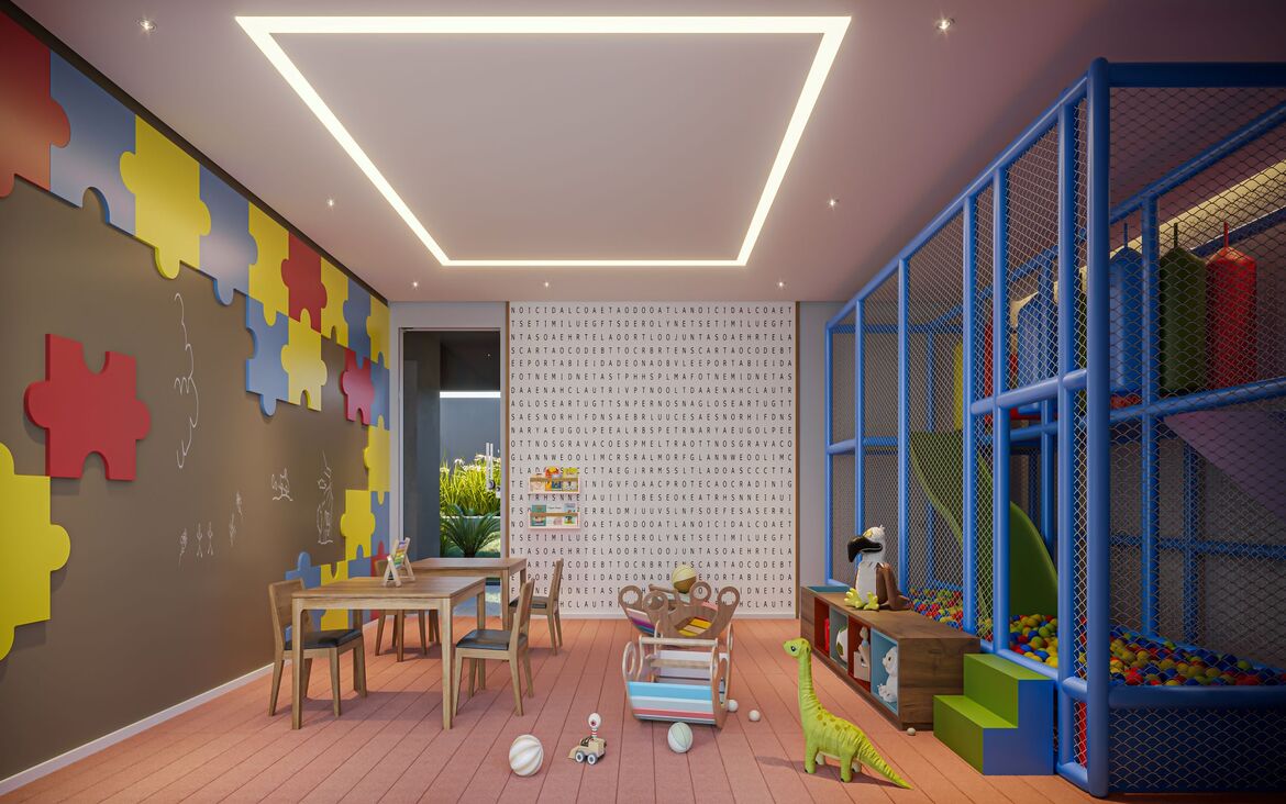 Brinquedoteca colorida com mesas de atividades, painéis lúdicos e piscina de bolinhas para crianças.