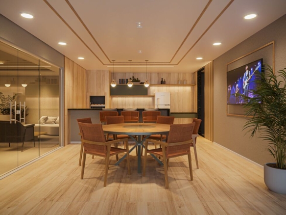 Espaço gourmet interno sofisticado com cozinha completa e mesa de jantar no Now Alameda das Águas.