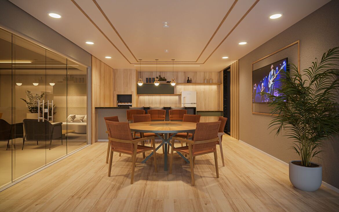 Espaço gourmet interno sofisticado com cozinha completa e mesa de jantar no Now Alameda das Águas.