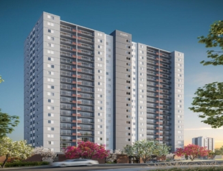 Vista externa da fachada moderna da torre do edifício residencial Now Alameda das Águas ao entardecer.