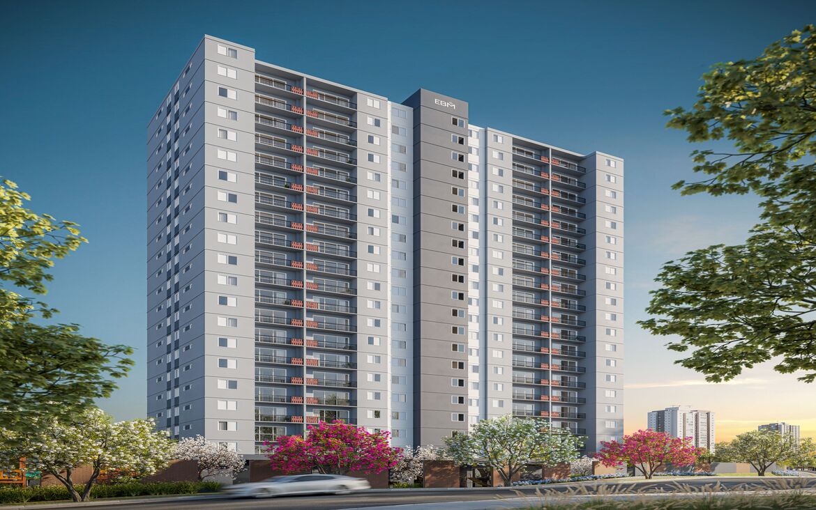 Vista externa da fachada moderna da torre do edifício residencial Now Alameda das Águas ao entardecer.