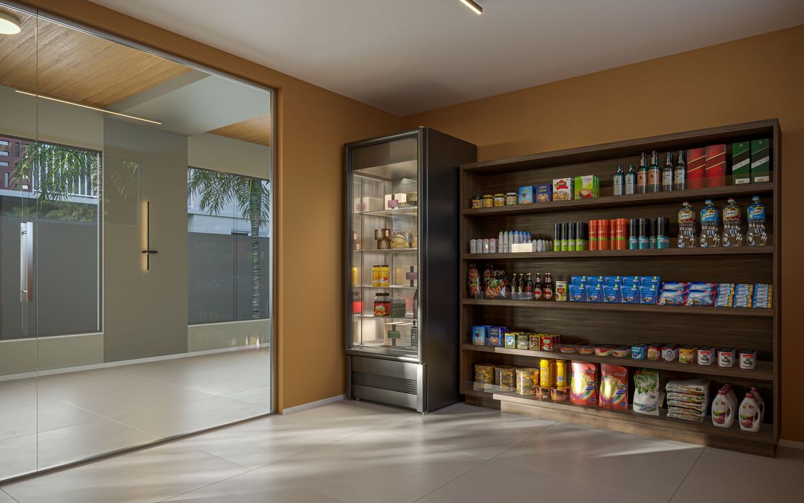 Minimercado autônomo de conveniência dentro do condomínio com prateleiras de alimentos e bebidas.