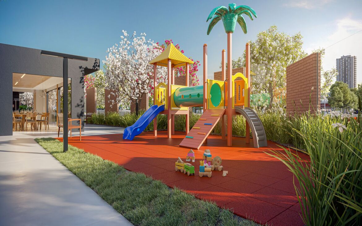 Playground infantil externo com escorregador e brinquedos coloridos sobre piso emborrachado de segurança.