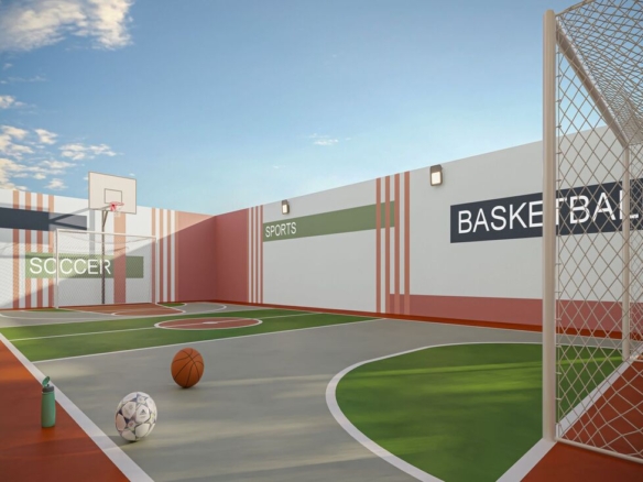 Quadra poliesportiva com marcações para futebol e basquete em ambiente cercado e iluminado.