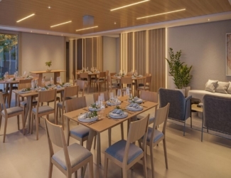 Salão de festas amplo e decorado com mesas dispostas para eventos e recepções no Now Alameda das Águas.