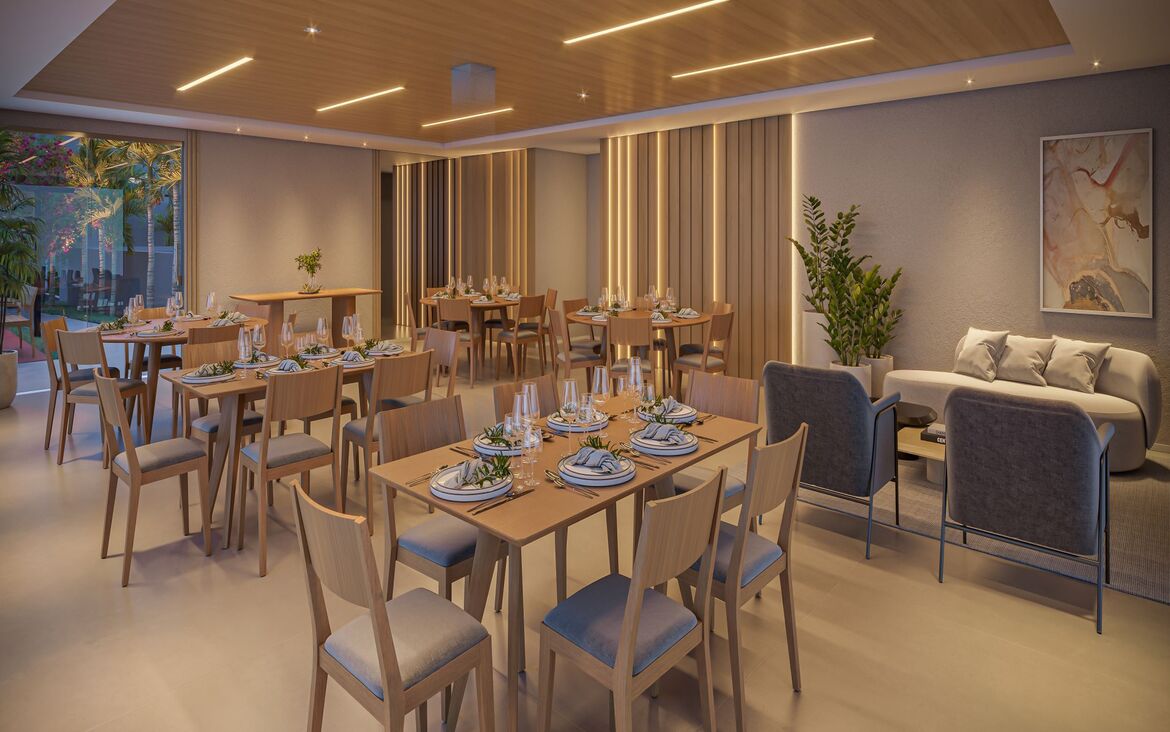 Salão de festas amplo e decorado com mesas dispostas para eventos e recepções no Now Alameda das Águas.