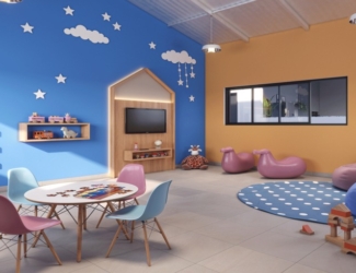 Espaço Kids colorido e decorado com mesas pequenas, pufes e brinquedos educativos no Viva Goiá.