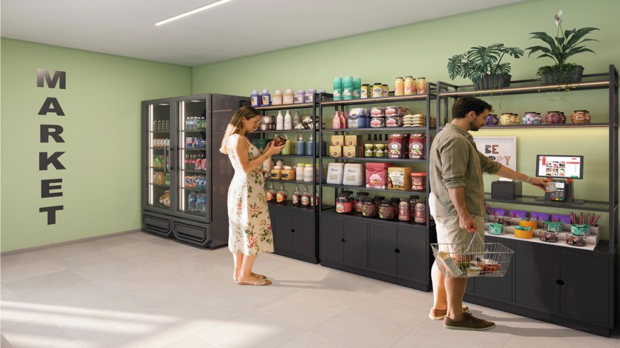 Conveniência interna e mini mercado autônomo para moradores dentro das dependências do prédio.