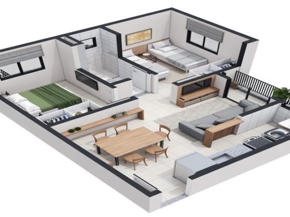 Planta baixa humanizada em 3D de um apartamento com dois quartos, sala de estar integrada e cozinha no Viva Goiá.