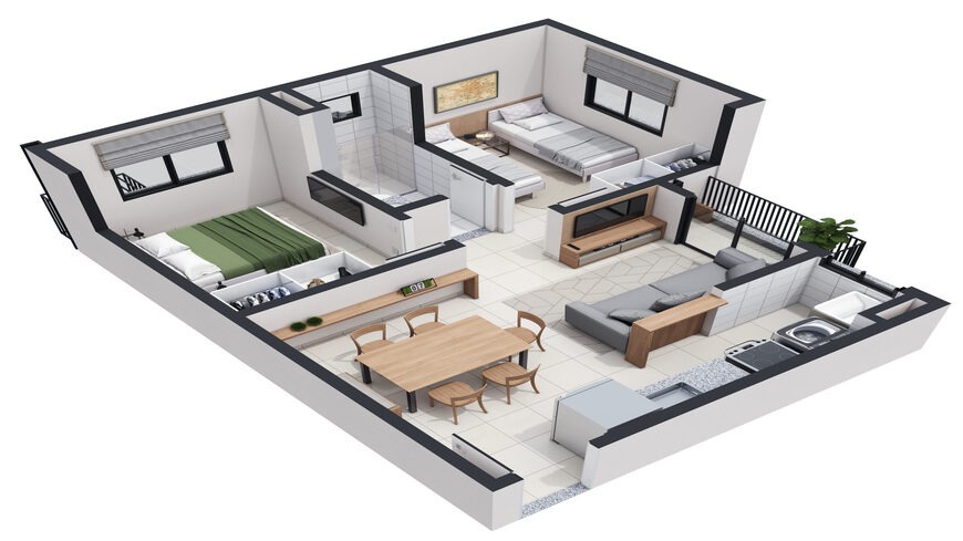 Planta baixa humanizada em 3D de um apartamento com dois quartos, sala de estar integrada e cozinha no Viva Goiá.