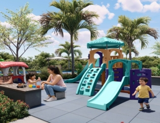 Área de lazer externa com playground colorido, escorregador e balanços em condomínio residencial arborizado.