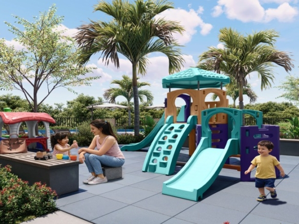 Área de lazer externa com playground colorido, escorregador e balanços em condomínio residencial arborizado.
