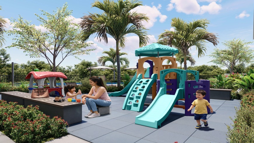 Área de lazer externa com playground colorido, escorregador e balanços em condomínio residencial arborizado.
