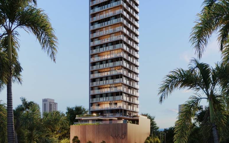 Fachada com palmeiras, edifícios e ilha de cozinha no Sagô Marista by Hans Donner