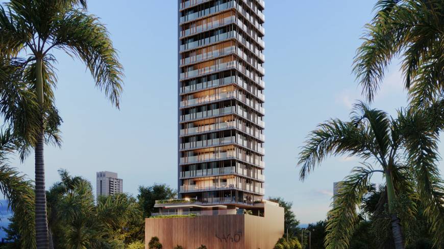 Fachada com palmeiras, edifícios e ilha de cozinha no Sagô Marista by Hans Donner