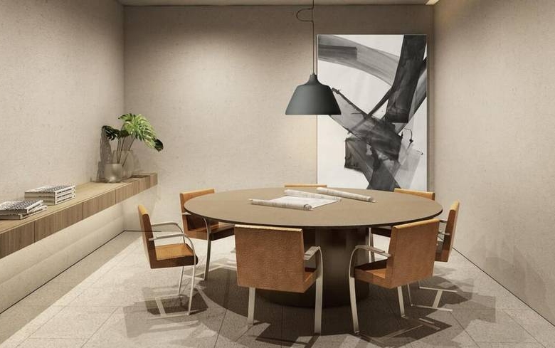 Sala de estar com mesa e cadeiras, além de iluminação embutida