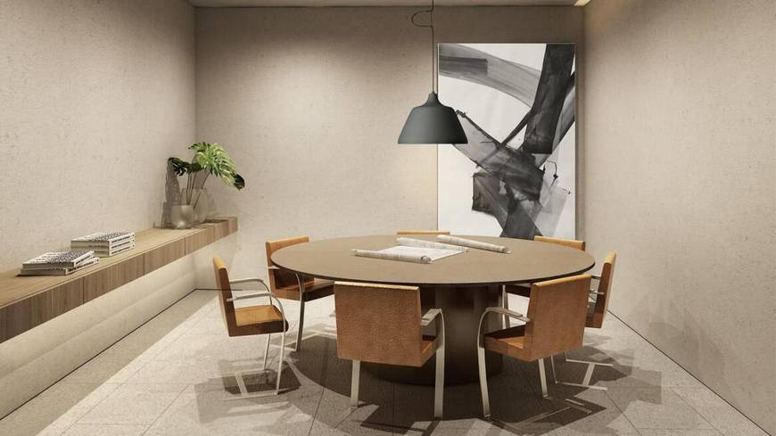 Sala de estar com mesa e cadeiras, além de iluminação embutida