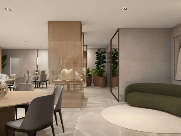 Sala de estar com sofá e mesa, além de iluminação embutida e revestimento claro