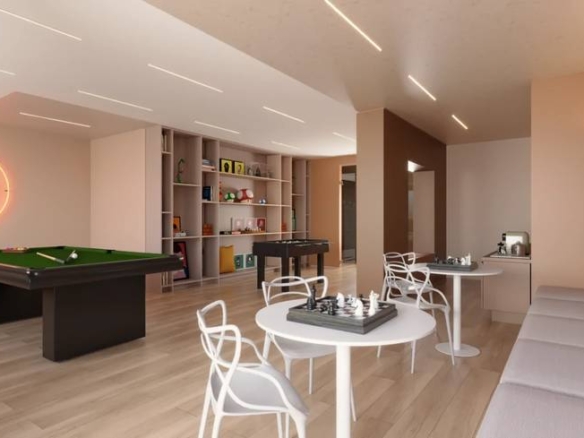 Sala de estar com mesa e cadeiras, além de iluminação embutida no Metropolitan Bueno