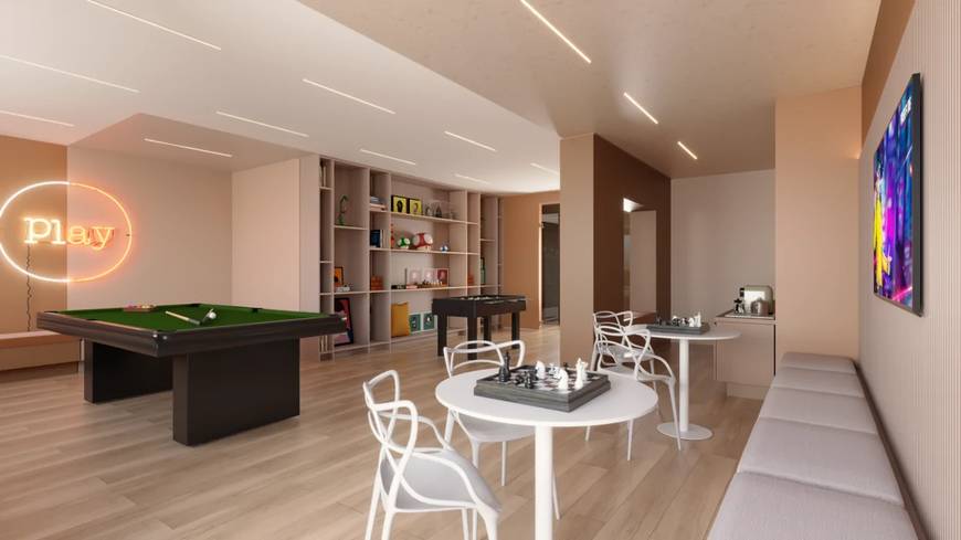 Sala de estar com mesa e cadeiras, além de iluminação embutida no Metropolitan Bueno